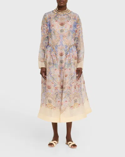 Zimmermann Womens Blue Floral Rebellion Beaded Linen And Silk Midi Dress Xs In Blue