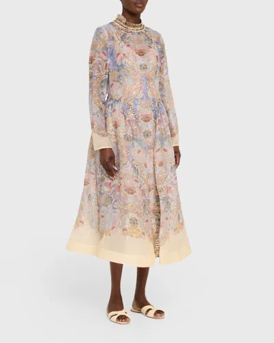 Zimmermann Womens Blue Floral Rebellion Beaded Linen And Silk Midi Dress Xs In Blue