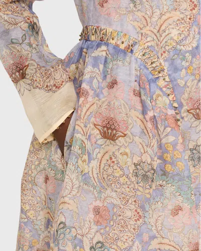Zimmermann Womens Blue Floral Rebellion Beaded Linen And Silk Midi Dress Xs In Blue