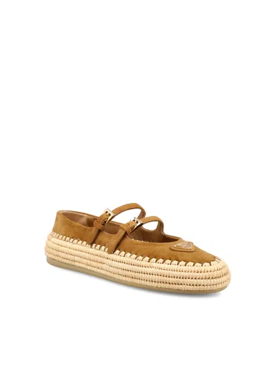 Prada Suede Double Mary Jane Strap Espadrilles In Brown