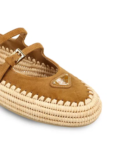 Prada Suede Double Mary Jane Strap Espadrilles In Brown