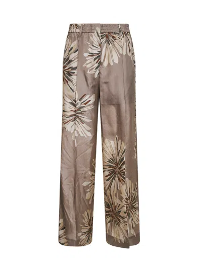 Brunello Cucinelli Elegant Silk Trousers With Stamped Floral Design In Brown