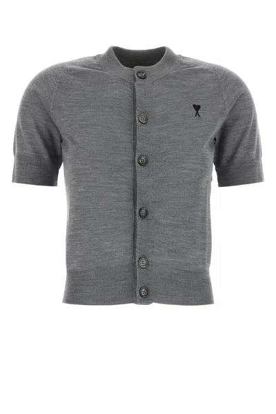 Ami Alexandre Mattiussi Ami Paris Embroidered Heart Round Collar Short Sleeve Sweater In Gray