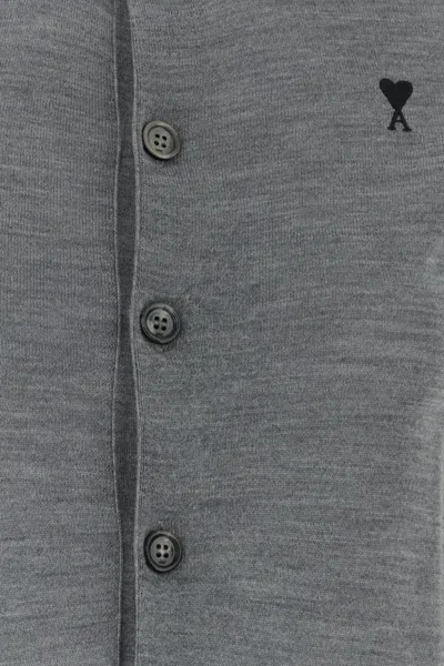 Ami Alexandre Mattiussi Ami Paris Embroidered Heart Round Collar Short Sleeve Sweater In Gray