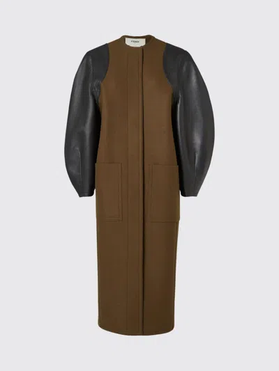Fendi Felt Wool Cocoon Jacket With Leather-sleeve Belted Waist In Brown