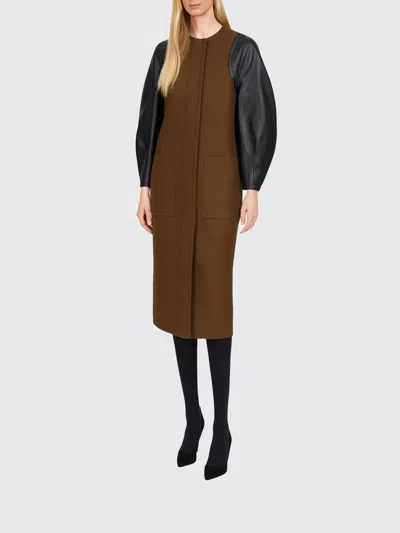 Fendi Felt Wool Cocoon Jacket With Leather-sleeve Belted Waist In Brown