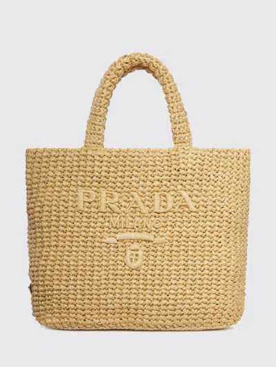 Prada Raffia Shoulder Bag Featuring Woven Texture In Brown