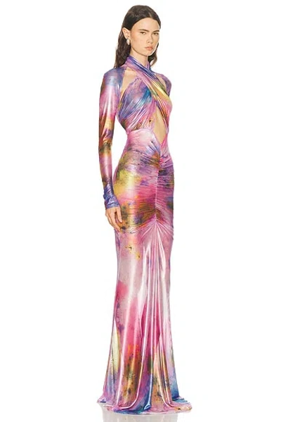 Lapointe Printed Metallic Mesh Halter Ruched Gown In Multi