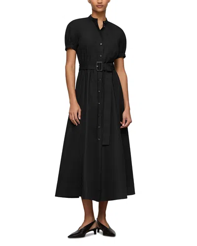 Lafayette 148 New York Puff Sleeve Belted Cotton Poplin Shirt Dress In Black