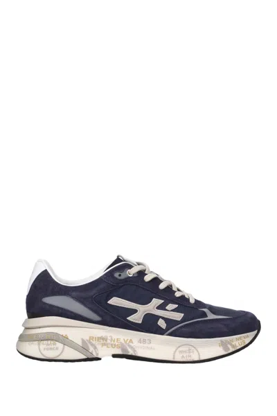 Premiata Blue Suede And Technical Fabric Sneakers With Embossed Logo