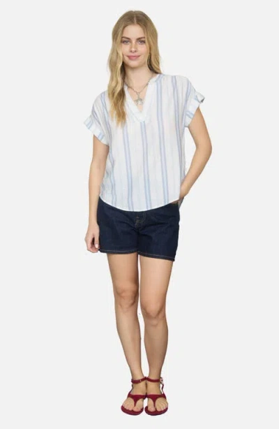 Blu Pepper Stripe Split Neck Top In Blue