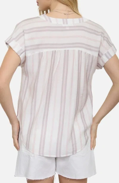 Blu Pepper Stripe Split Neck Top In Neutral