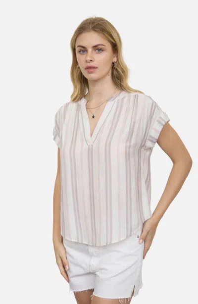 Blu Pepper Stripe Split Neck Top In Neutral