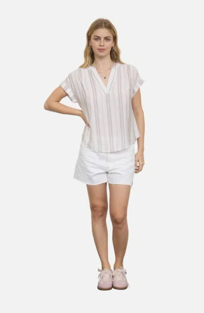 Blu Pepper Stripe Split Neck Top In Neutral