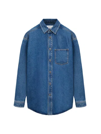 Loewe Mens Mid Blue Denim Anagram-embroidery Long-sleeves Denim Overshirt In Blue