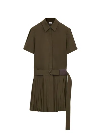 Loewe Womens Khaki Green Pleated Short-sleeve Cotton Blend Mini Dress