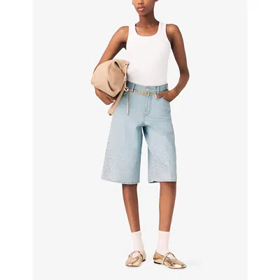 Maje Womens Blue Sky Rhinestone-embellished Denim Bermuda Shorts