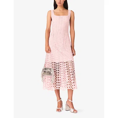 Maje Womens Pink Square-neck Rhinestone-embellished Crochet Midi Dress