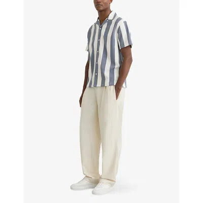 Reiss Mens Airforce Blue Off White Dexter Cuban-collar Block-stripe Stretch-woven Shirt Xl