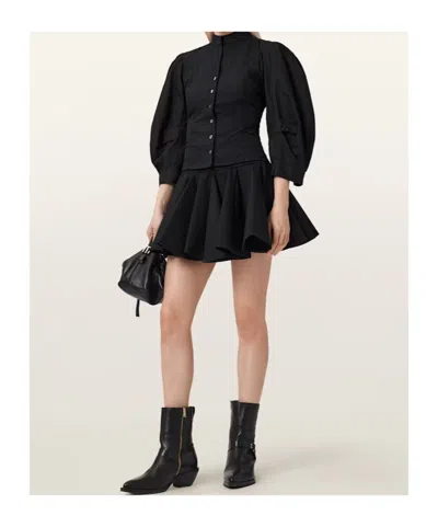 Allsaints Womens Black Tulip Gathered-waist Stretch-woven Mini Skirt