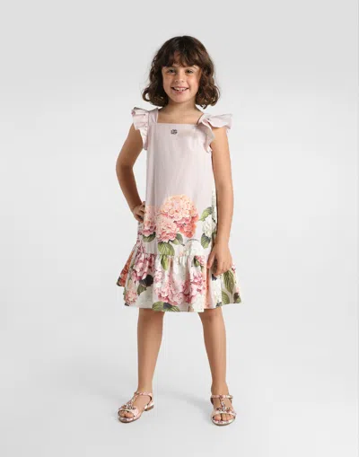 Dolce & Gabbana Hydrangea-print Striped Cotton Canvas Dress In Multi