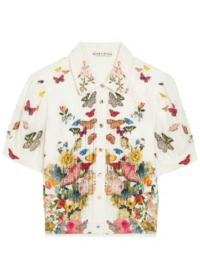 Alice And Olivia Rosie Embroidered Puff Sleeve Cropped Button Down Blouse Solar Strength Off White In Multi
