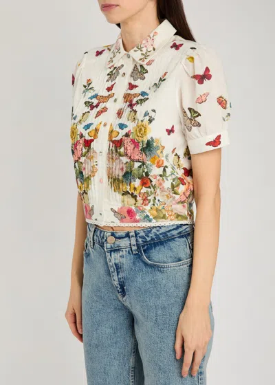 Alice And Olivia Rosie Embroidered Puff Sleeve Cropped Button Down Blouse Solar Strength Off White In Multi