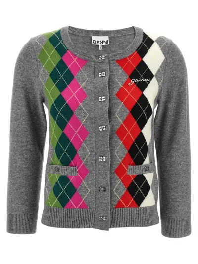 Ganni Argyle-pattern Logo-embroidered Cardigan In Multi