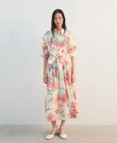 Mango Floral Midi Skirt In Burgundy