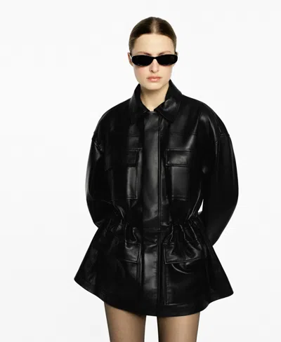Mango Leather Coat In Black
