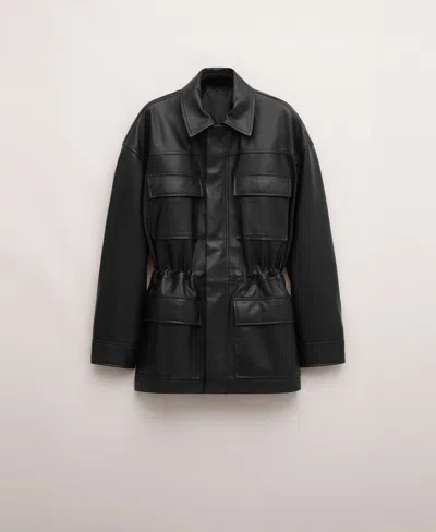 Mango Leather Coat In Black