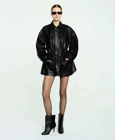 Mango Leather Coat In Black