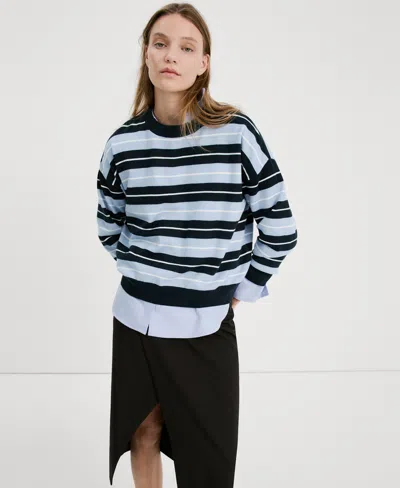 Mango Mixed Stripe Crewneck Sweater In Blue