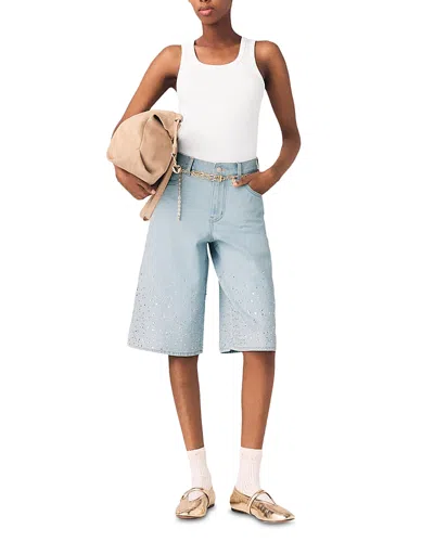 Maje Womens Blue Sky Rhinestone-embellished Denim Bermuda Shorts