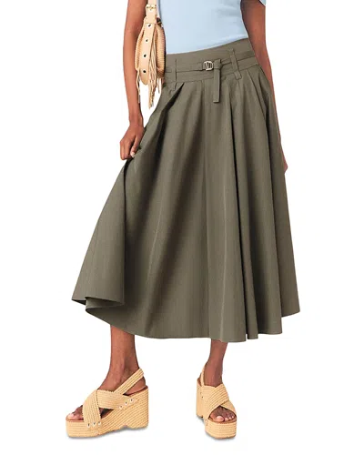 Maje Womens Khaki Pleated Belted-waist Cotton-blend Maxi Skirt In Green