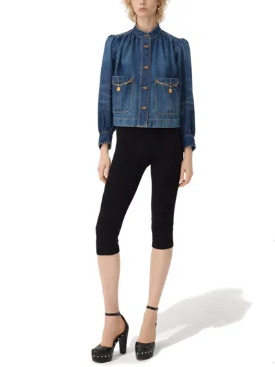 Chloé Blue Jacket With High Neck And Chain Detail On The Front In Denim Woman In Blue