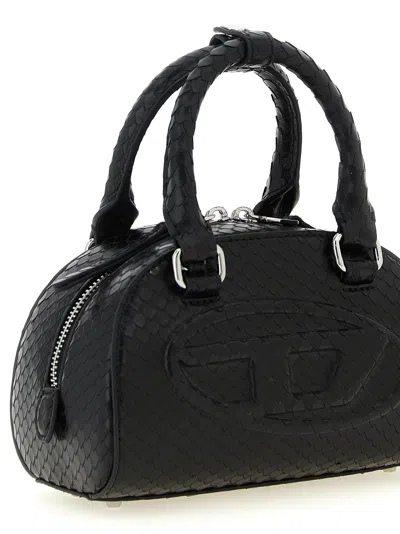 Diesel 1dr Dome-mini Bowling Bag In Snake-effect Leather In Black