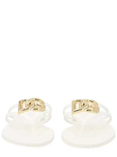 Dolce & Gabbana White Thong Sandals With Logo Plaque On The Front In Rubber Woman In Multi