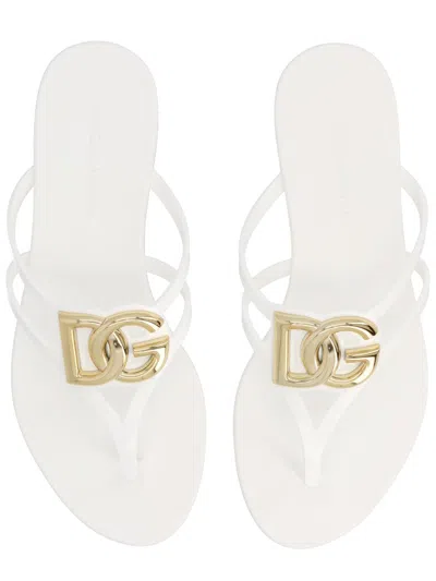 Dolce & Gabbana White Thong Sandals With Logo Plaque On The Front In Rubber Woman In Multi