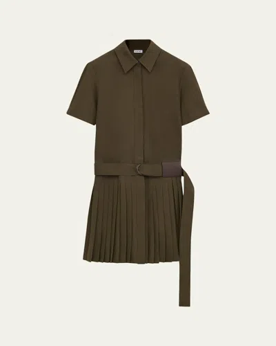 Loewe Womens Khaki Green Pleated Short-sleeve Cotton Blend Mini Dress
