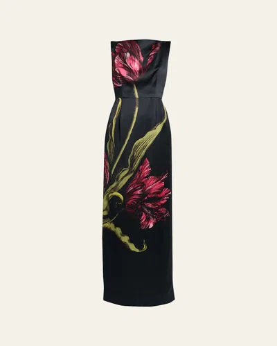 Erdem Floral-print Duchess Satin Sleeveless Gown In Black
