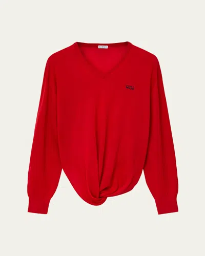 Loewe Asymmetric Draped Embroidered Wool-blend Sweater In Red