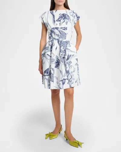 Erdem Pleated Floral-print Cotton-poplin Mini Dress In White