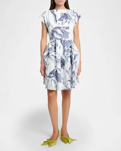Erdem Pleated Floral-print Cotton-poplin Mini Dress In White
