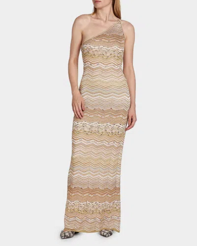 Missoni One-shoulder Sequin-embellished Striped Metallic Crochet-knit Maxi Dress In Gold