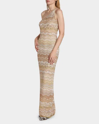 Missoni One-shoulder Sequin-embellished Striped Metallic Crochet-knit Maxi Dress In Gold