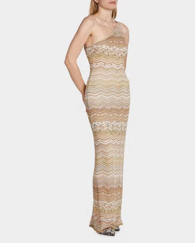 Missoni One-shoulder Sequin-embellished Striped Metallic Crochet-knit Maxi Dress In Gold