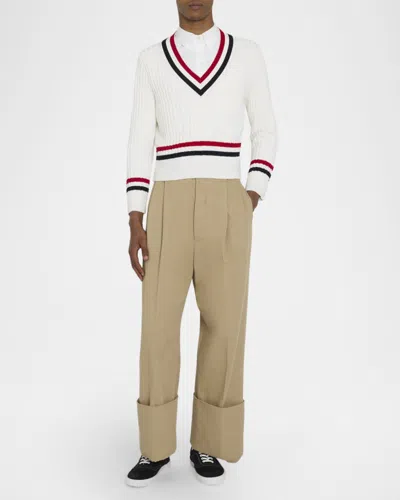 Thom Browne Rwb Cable Knit Sweater Button Detail V Neck In White