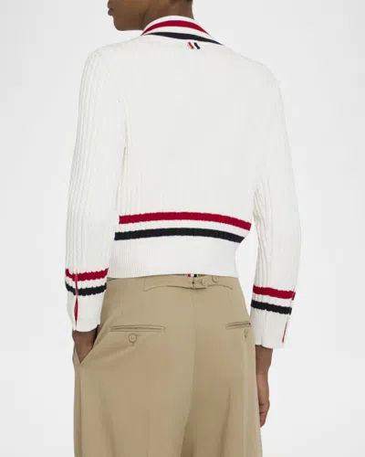 Thom Browne Rwb Cable Knit Sweater Button Detail V Neck In White