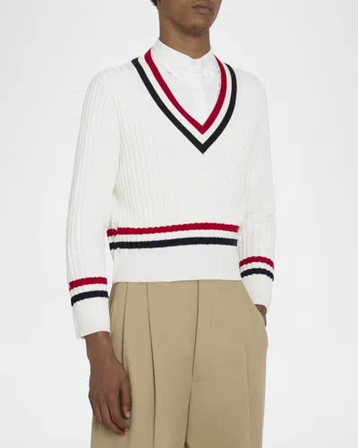 Thom Browne Rwb Cable Knit Sweater Button Detail V Neck In White